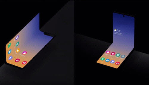 작년 10월 29일(현지시간) 삼성개발자콘퍼런스에서 공개된 가로로 접히는 삼성 클램셸폰.    연합뉴스, 화웨이, 모토로라 제공